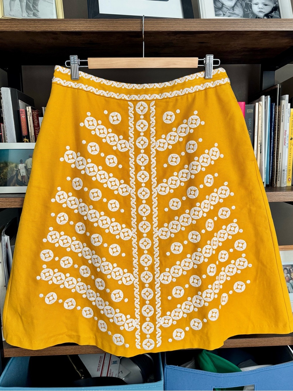 Boden Mustard Yellow Embroidered Cotton A-Line Skirt Size 8 US 12 UK